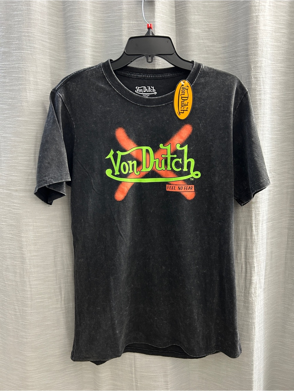 Von Dutch Tee Shirt Black Acid Wash Neon Green Skull Open Your Mind Medium M NWT